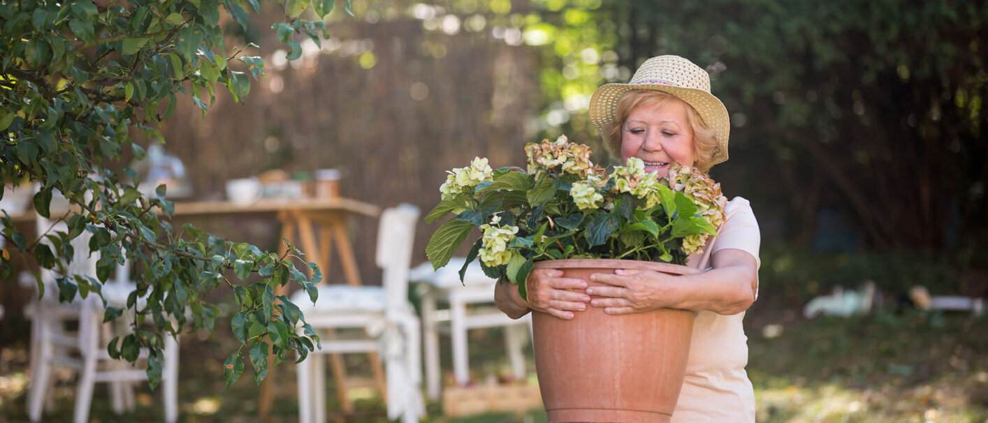 Seniorin trägt einen Pflanzenkübel im Garten