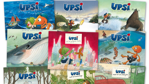 Abbildung aller neun Titelbilder der Upsi-Buchreihe