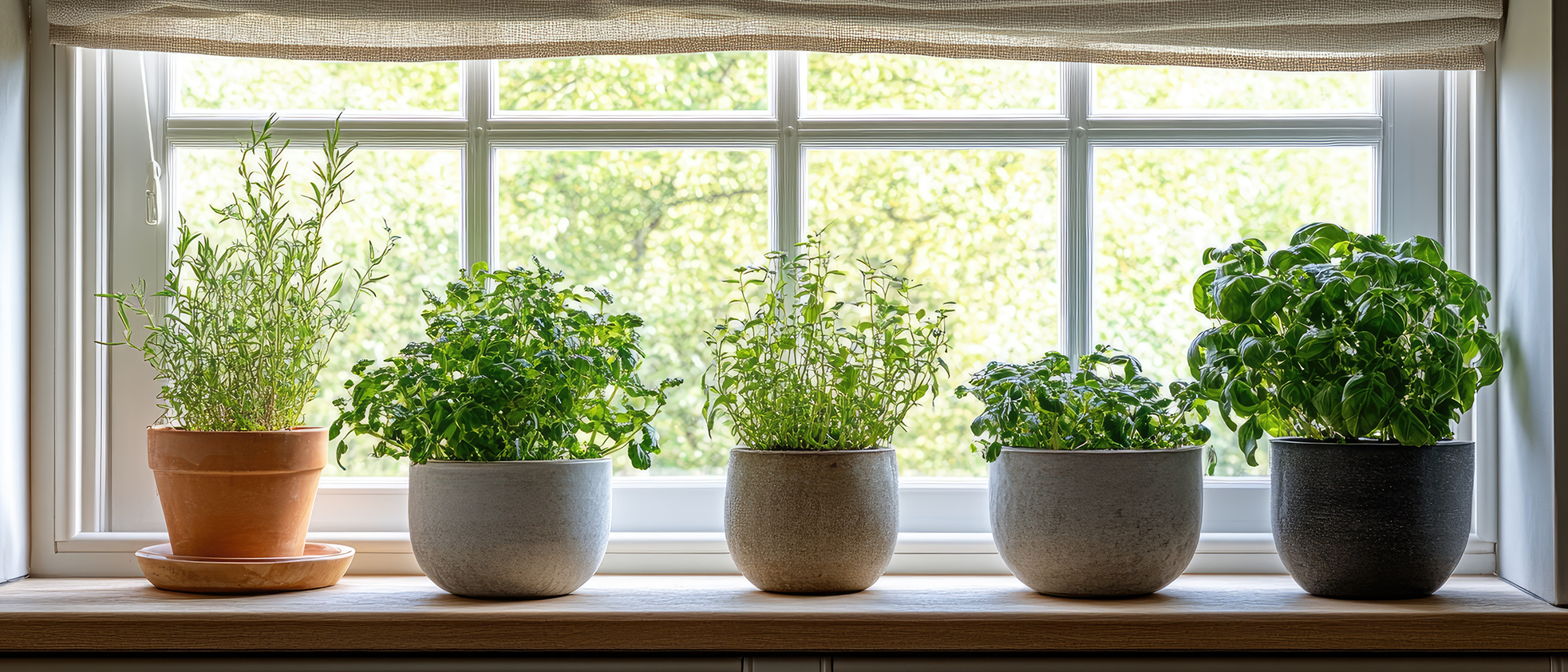 Verschiedene Kräuter in Keramiktöpfen auf einem Fensterbrett.