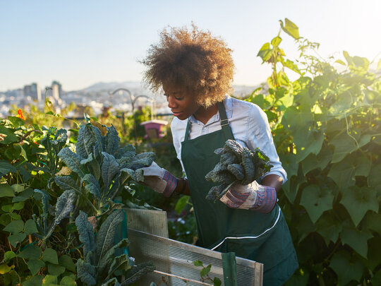 Eine junge Frau mit Afro begutachtet Pflanzen in einem Garten. Sie trägt eine grüne Latzhose.