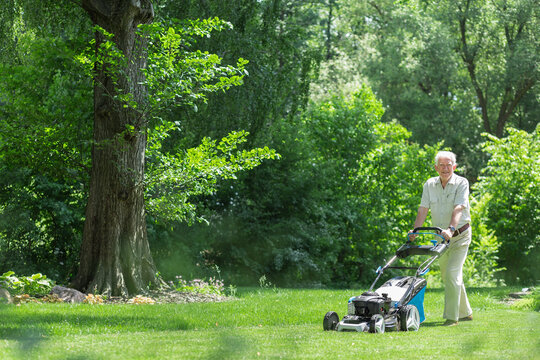 Senior mäht den Rasen im Garten