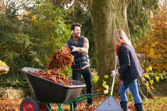 Mann und Frau arbeiten im Herbst im Garten und füllen eine Schubkarre mit Laub.