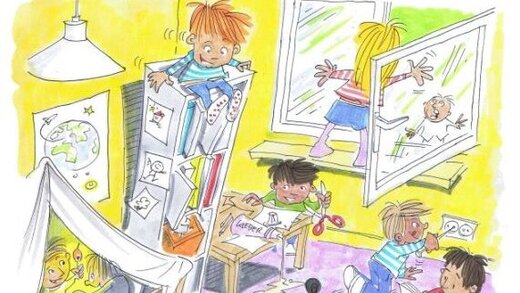 Cartoon mit Chaos im Kinderzimmer mit vielen Kindern